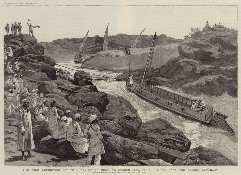 Nilexpeditionen för hjälp av general Gordon, bogserande en Nuggar förbi den andra katarakten av Frederic Villiers