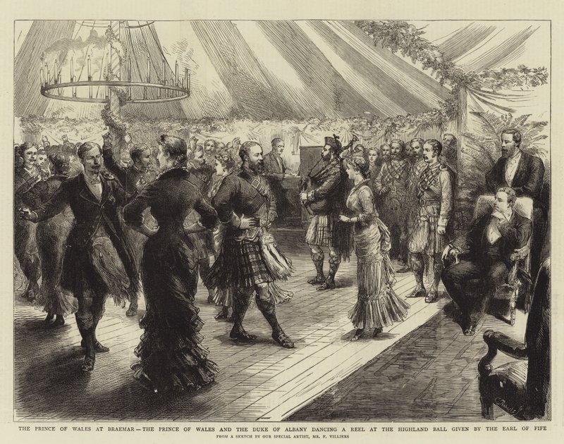 Prinsen av Wales i Braemar, prinsen av Wales och hertigen av Albany dansar en rulle på Highland Ball som ges av Earl of Fife av Frederic Villiers