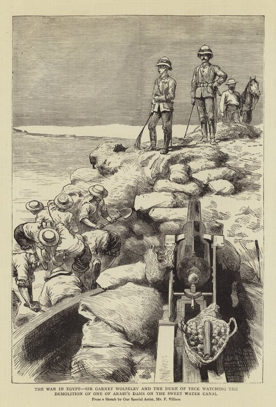Kriget i Egypten, Sir Garnet Wolseley och hertigen av Teck tittar på rivningen av en av Arabis dammar vid Sweet Water Canal av Frederic Villiers