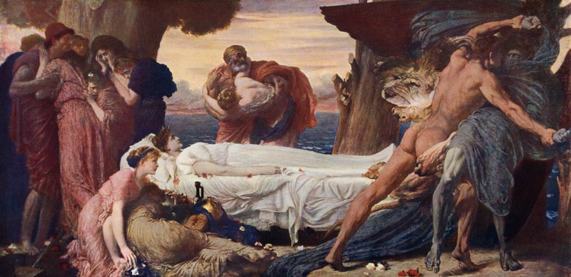 Hercules brottas med döden om Alcestis kropp (färg litho) av Frederic (after) Leighton