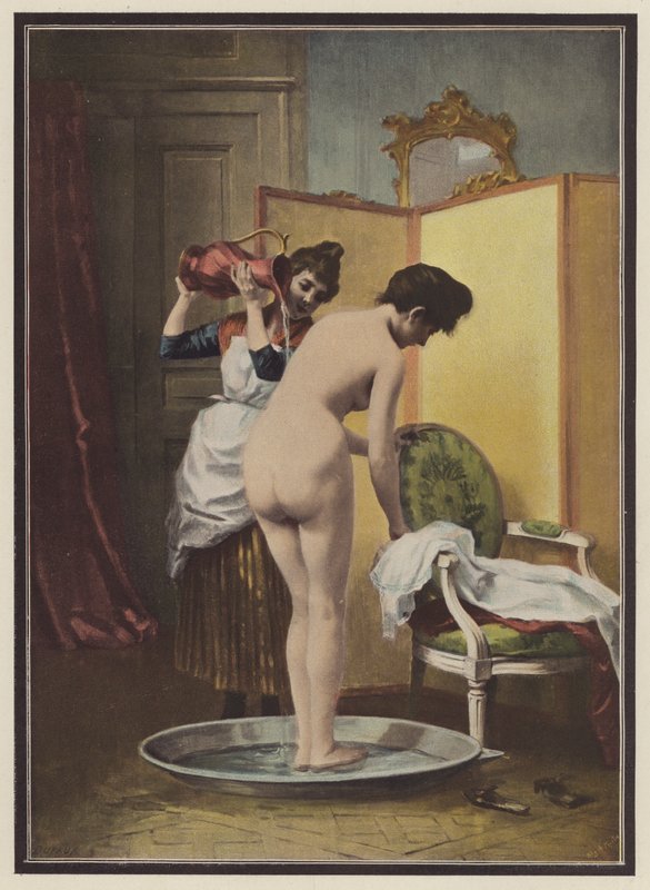 Kvinna vid hennes toalett (färg litho) av Frederic Dufaux