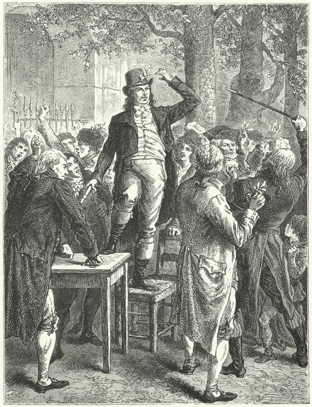 Camille Desmoulins tal i Palais Royals trädgård, Paris av Frederic Theodore (after) Lix