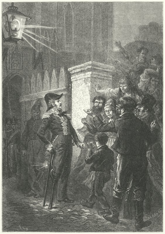 General Daumesnil konfronterar den parisiska pöbeln utanför Chateau de Vincennes under den franska revolutionen 1830 (gravyr) av Frederic Theodore (after) Lix