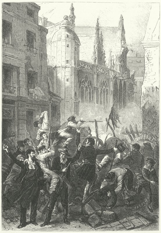 Junidagarnas uppror, revolutionen 1848, Paris (gravyr) av Frederic Theodore (after) Lix