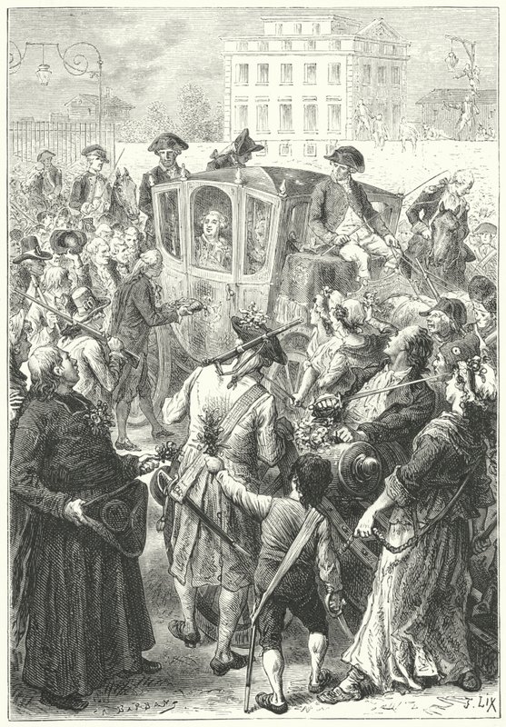 Ludvig XVI fördes till Paris efter att pöbeln attackerade slottet i Versailles av Frederic Theodore (after) Lix
