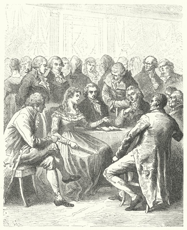 Madame Roland och Girondinerna, Franska revolutionen (gravyr) av Frederic Theodore (after) Lix