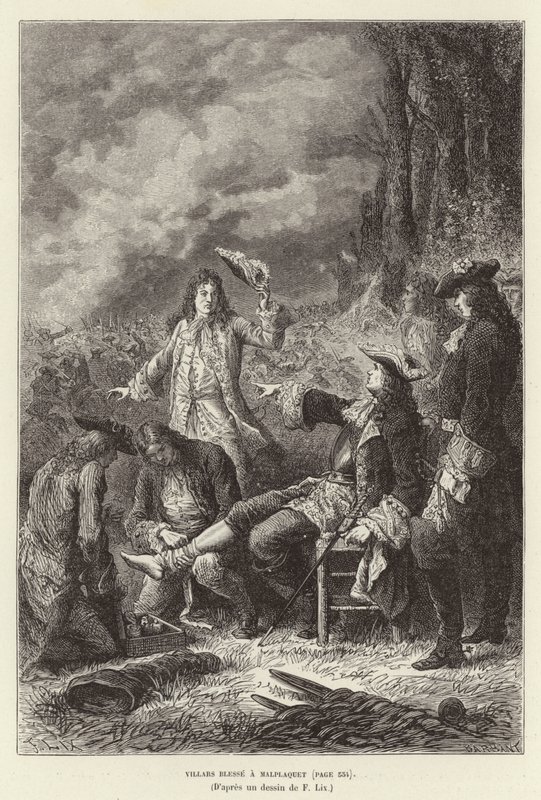 Villars välsignar en malplaquet. Claude Louis Hector de Villars, marskalk av Frankrike, sårad i slaget vid Malplaquet, det spanska tronföljdskriget av Frederic Theodore Lix