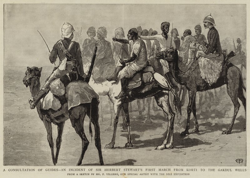 En konsultation av guider, en incident av Sir Herbert Stewarts första mars från Korti till Gakdul-brunnarna av Frederic Villiers