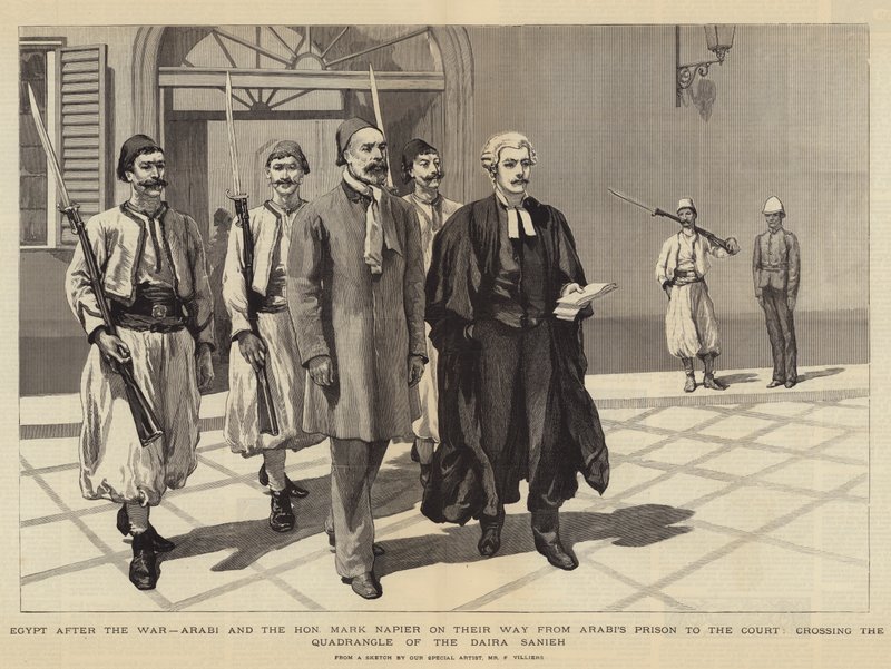 Egypten efter kriget, Arabi och den ärade Mark Napier på väg från Arabis fängelse till domstolen och korsar Quadrangle of the Daira Sanieh av Frederic Villiers