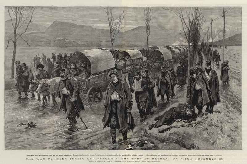 Kriget mellan Serbien och Bulgarien, den serbiska reträtten på Nisch, 26 november av Frederic Villiers