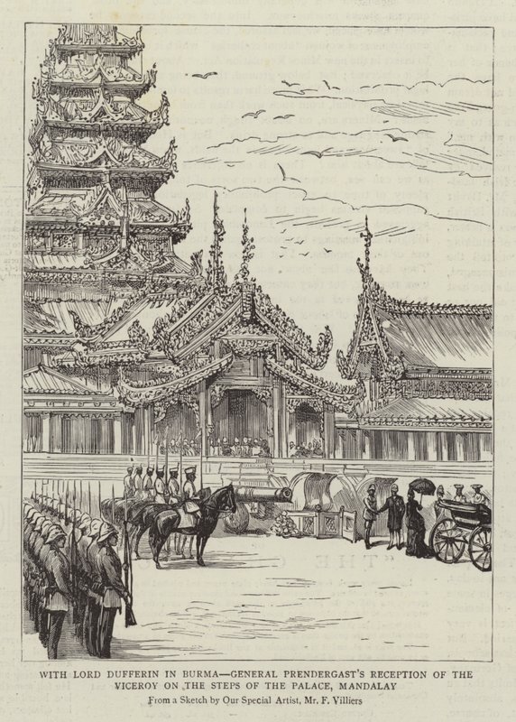 Med Lord Dufferin i Burma, general Prendergasts mottagning av vicekungen på slottets trappor, Mandalay av Frederic Villiers