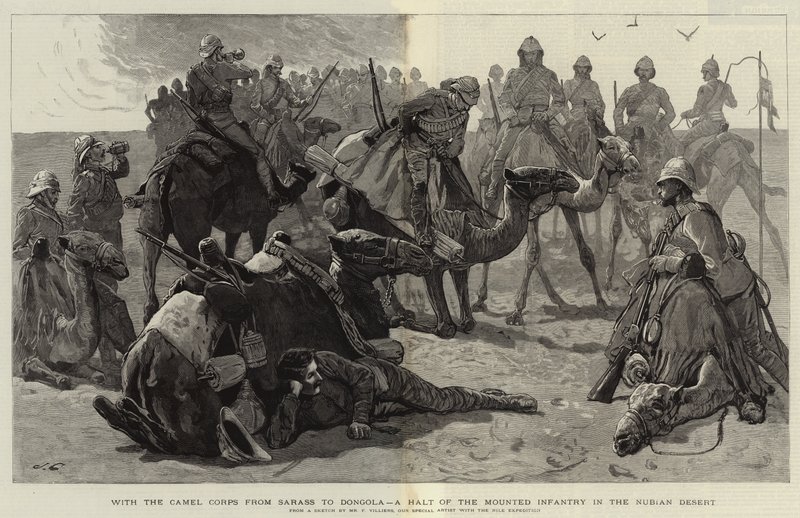 Med kamelkåren från Sarass till Dongola, ett stopp för det beridna infanteriet i den nubiska öknen av Frederic Villiers