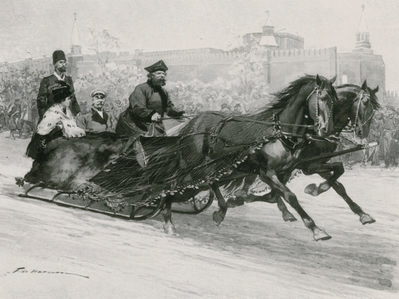En släde med blått sidennät, för att förhindra snön från att spraya de åkande, Kreml i bakgrunden av Frederic de Haenen