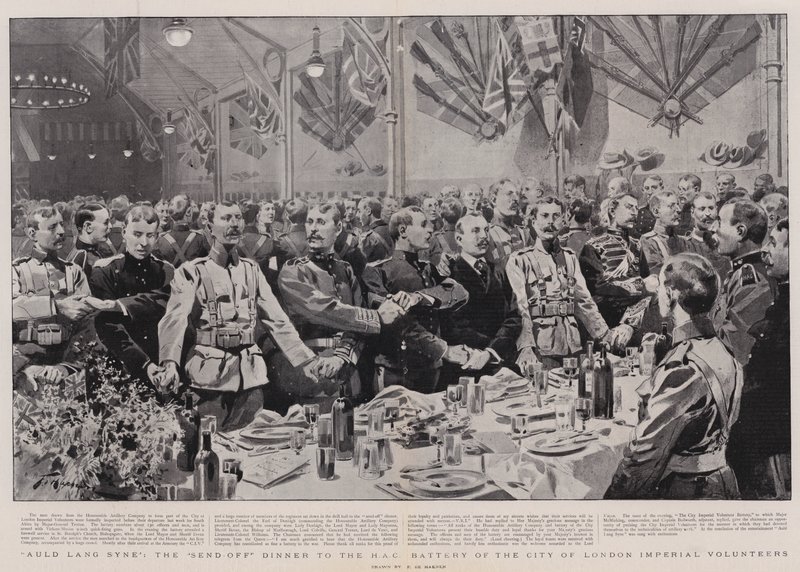 Auld Lang Syne, avsändningsmiddagen till HAC-batteriet för City of London Imperial Volunteers av Frederic de Haenen