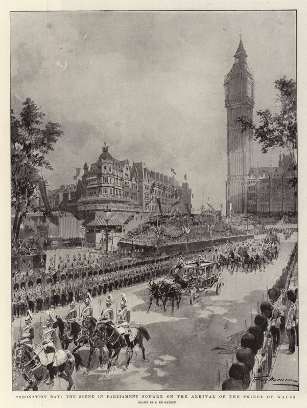 Kröningsdagen, scenen på Parliament Square när prinsen av Wales anländer av Frederic de Haenen