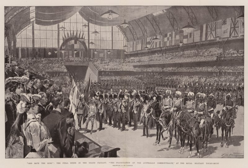 Gud bevare kungen, slutscenen i den stora festtävlingen, invigningen av det australiensiska samväldet, vid Royal Military Tournament av Frederic de Haenen