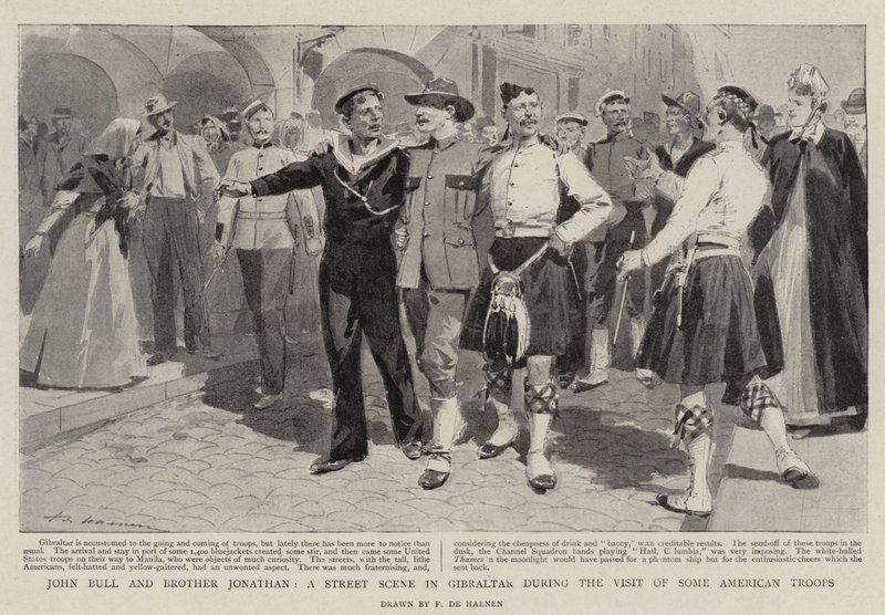 John Bull och broder Jonathan, en gatubild i Gibraltar under besök av några amerikanska trupper av Frederic de Haenen