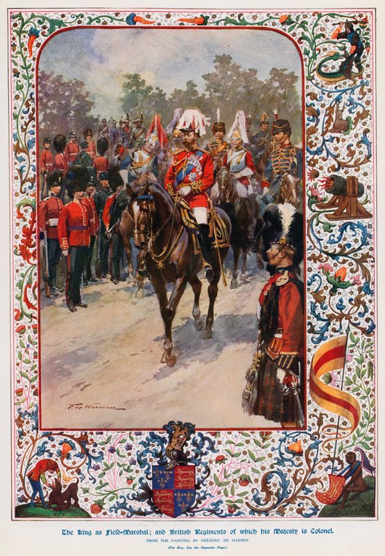 Kung George V, som fältmarskalk, de brittiska regementen där hans majestät är överste av Frederic de Haenen