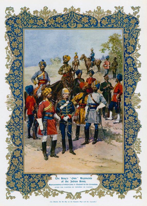 Kung George V:s "Egna" regementen av den indiska armén (färg litho) av Frederic de Haenen