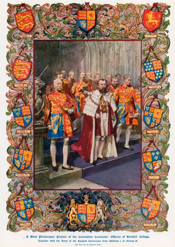 Officers of Heralds’ College, tillsammans med Arms of the English Sovereigns från kung William I till kung George V (färg litho) av Frederic de Haenen