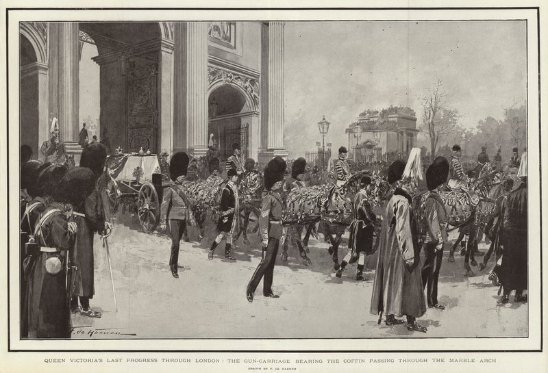 Drottning Victorias sista resa genom London, med en kanonvagn med kistan som passerar genom Marble Arch. av Frederic de Haenen