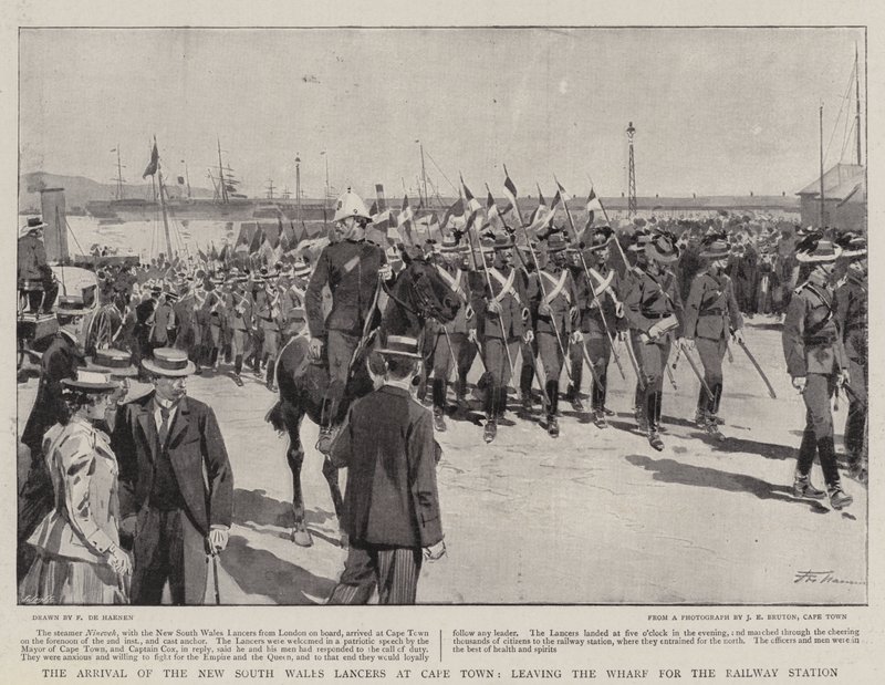 Ankomsten av New South Wales Lancers till Kapstaden, lämnar Wharf för järnvägsstationen av Frederic de Haenen
