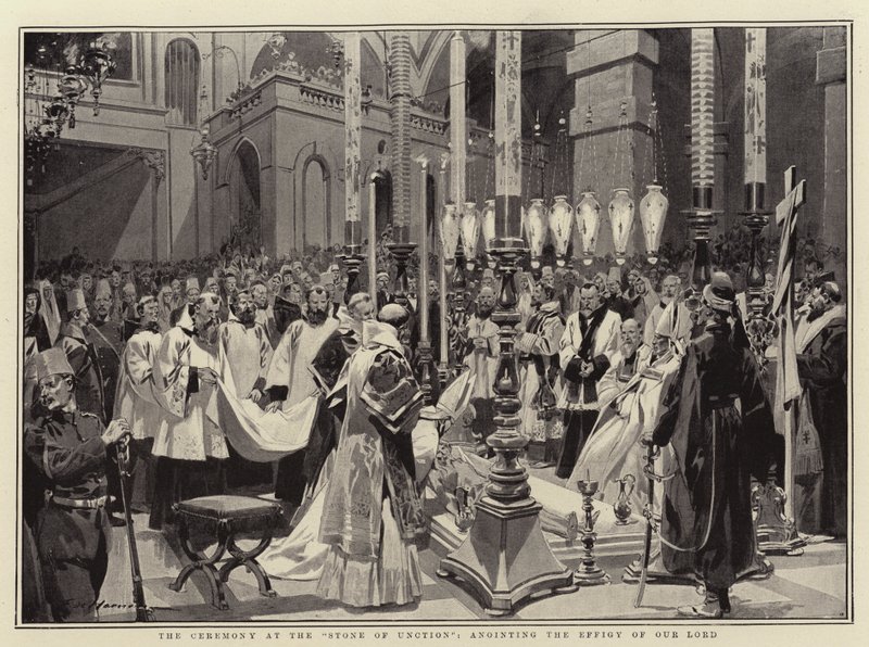Ceremonin vid salvningsstenen, smörjelse av vår Herres effigy av Frederic de Haenen