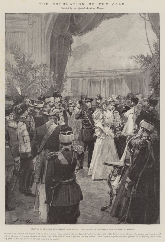 Tsarens kröning, tsarens och tsarinnans ankomst till Moskva med deras lilla dotter, storhertiginnan Olga, och deras barn. av Frederic de Haenen