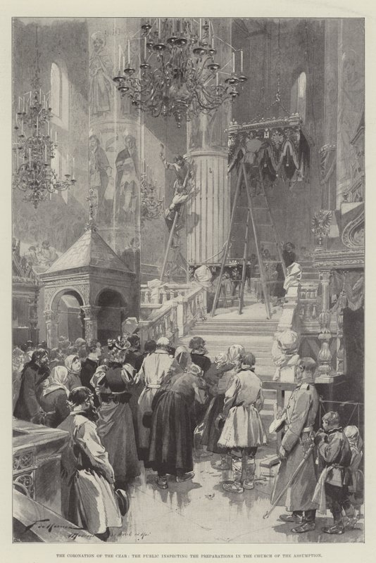 Tsarens kröning, allmänheten inspekterar förberedelserna i kyrkan Assumption av Frederic de Haenen