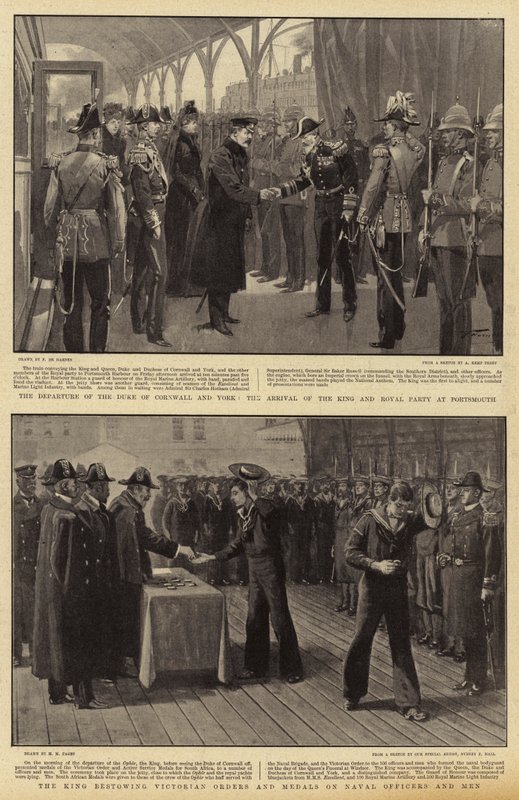Hertigen av Cornwall och Yorks avgång, kungens och det kungliga partiets ankomst till Portsmouth, kungen skänkte viktorianska order och medaljer till sjöofficerare och män av Frederic de Haenen