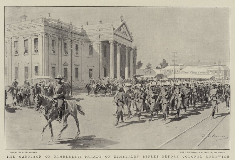 The Garnison of Kimberley, Parade of Kimberley Rifles före överste Kekewich av Frederic de Haenen