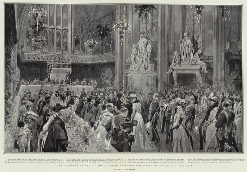 Lunchen i Guildhall, deras majestäter fortsätter uppför hallen till Dais av Frederic de Haenen