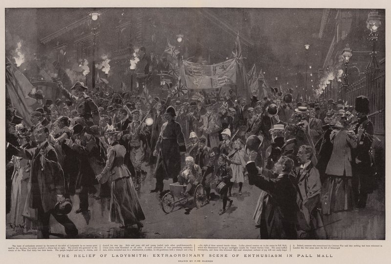 The Relief of Ladysmith, extraordinär scen av entusiasm i Pall Mall av Frederic de Haenen
