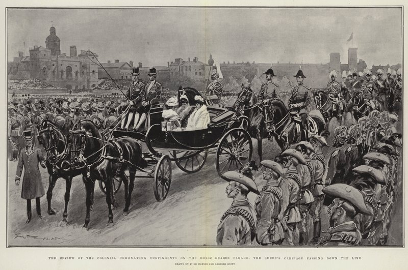 Genomgången av kolonialkröningskontingenterna på Horse Guards Parade, drottningens vagn passerar längs linjen av Frederic de Haenen
