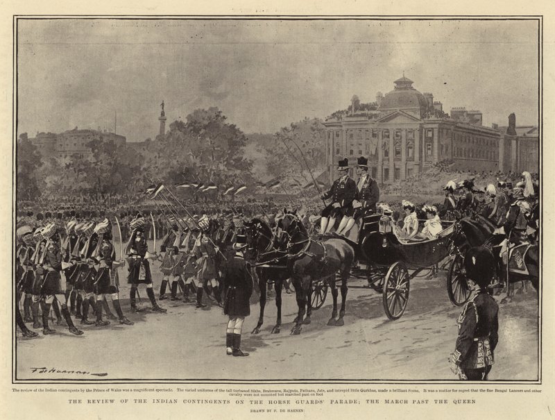 Genomgången av de indiska kontingenten på Horse Guards Parade, mars förbi drottningen av Frederic de Haenen