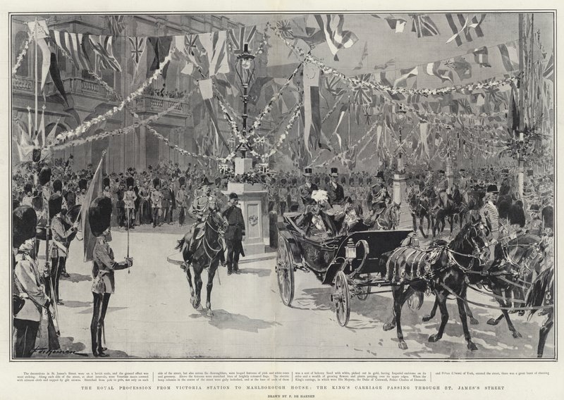 Kungliga processionen från Victoria Station till Marlborough House, kungens vagn passerar genom St James