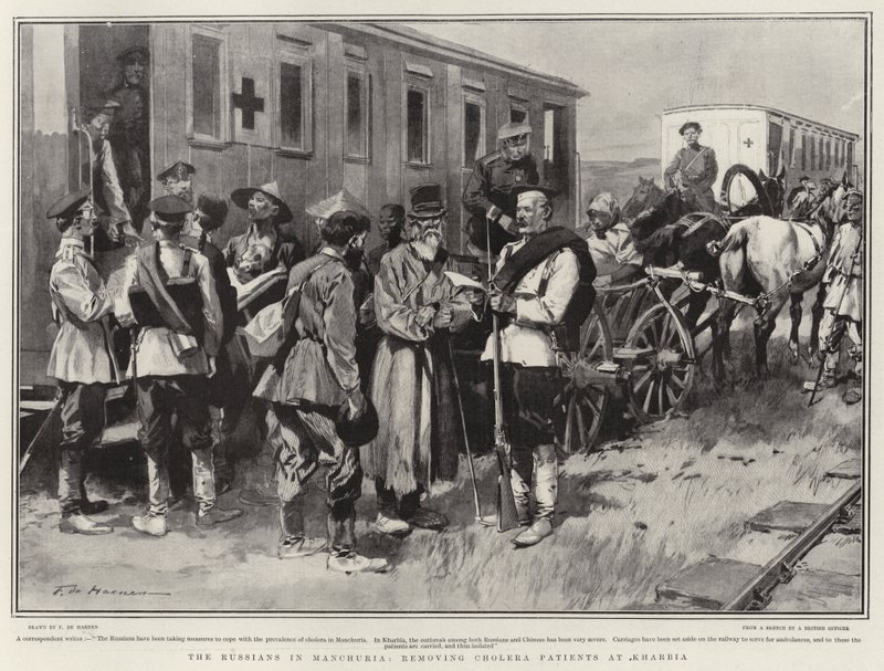 Ryssarna i Manchuriet, tar bort kolerapatienter i Kharbia av Frederic de Haenen