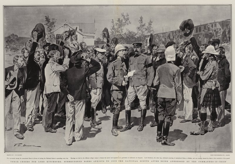 Tre hurra för Lord Kitchener, överlämnade boer som är angelägna om att gå med i National Scouts efter att ha blivit tilltalade av överbefälhavaren av Frederic de Haenen