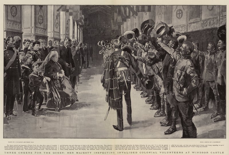 Tre skålar för drottningen, Hennes Majestät inspekterar invaliderade koloniala frivilliga vid Windsor Castle. av Frederic de Haenen