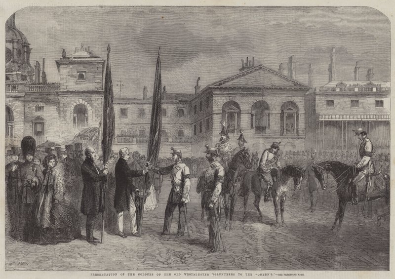 Presentation av Colours of the Old Westminster Volunteers till drottningens av Frederick John Skill