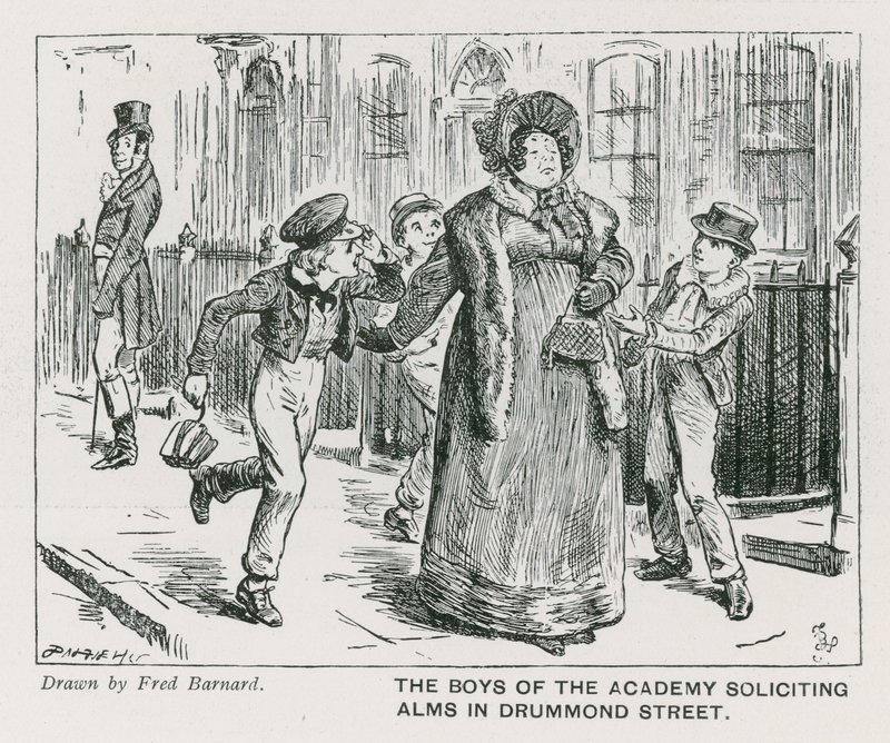 Pojkarna på Wellington House Academy ber om allmosor på Drummond Street (gravyr) av Frederick (after) Barnard