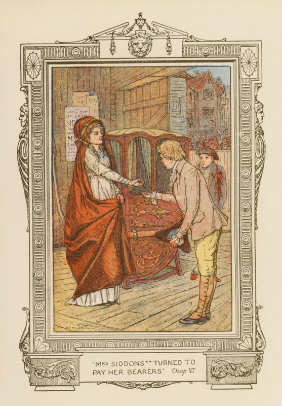 "Mrs Siddons vände sig om för att betala sina bärare" (färglitografi) av Frederick Colin Tilney