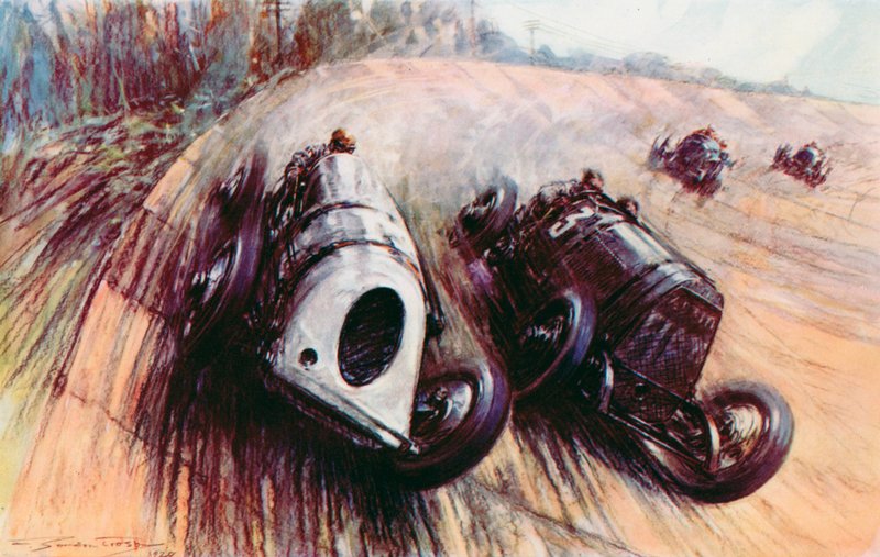 En strid mellan jättar vid Brooklands, Parry Thomas vita Leyland som slåss mot Eldridges stora Fiat på banken (färg litho) av Frederick Gordon (after) Crosby