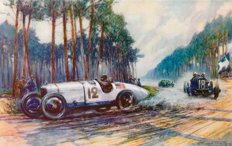 Amerikas första framgång i en Grand Prix inträffade när Jimmy Murphys Duesenberg gjorde succé på Le Mans 1921 (färg litho) av Frederick Gordon (after) Crosby