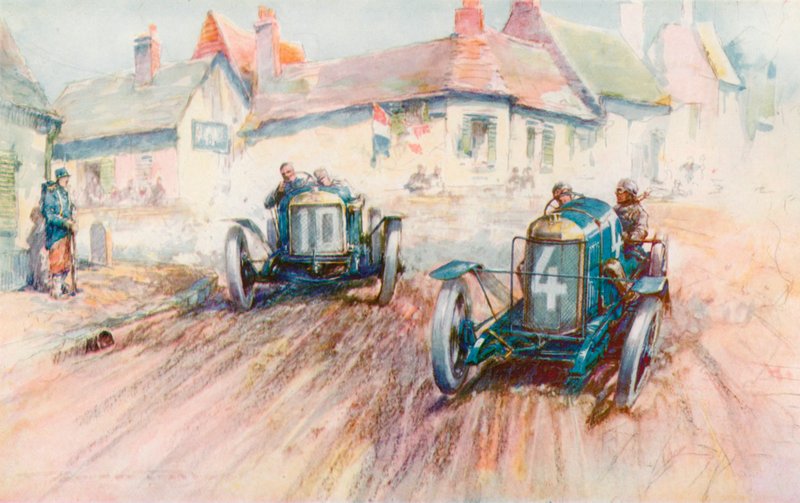 Bablot kör 3-liters Delage No 10 och jagar Boillots Peugeot i 1911 års Voiturette-lopp i Boulogne (färg litho) av Frederick Gordon (after) Crosby