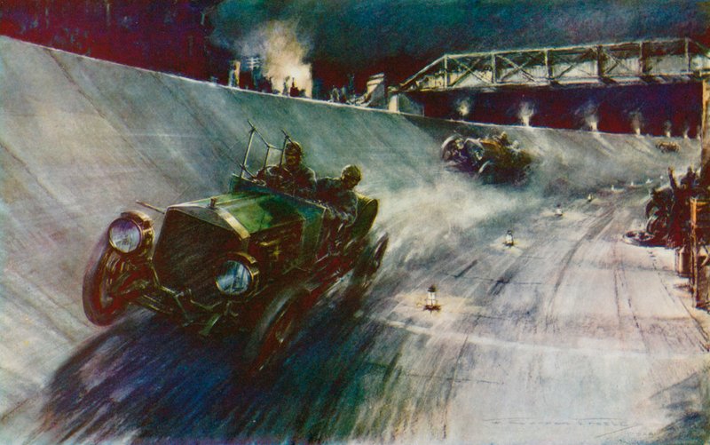 1907 lyckades S F Edge, som körde Napier enhandskörning, hålla 60 mph i 24 timmar, det första rekordet på den nya Brooklands-banan (färg litho) av Frederick Gordon (after) Crosby