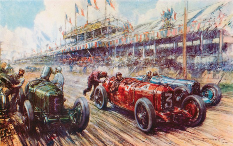I 1924 års Grand Prix ledde Ascaris Alfa Romeo loppet nästan till mål, bara för att förlora eftersom motorn inte ville starta om efter ett depåstopp (färg litho) av Frederick Gordon (after) Crosby