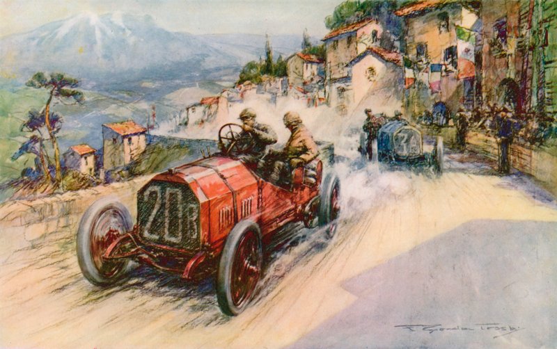 Italiens mästare, Felice Nazzaro, och Fiat vann 1907 Targa Florio, kombinationen har tidigare vunnit Grand Prix och Kaiserpreis (färg litho) av Frederick Gordon (after) Crosby