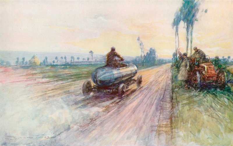 Jenatzys Jamais Contente slog världens hastighetsrekord 1899 (lito i färg) av Frederick Gordon (after) Crosby