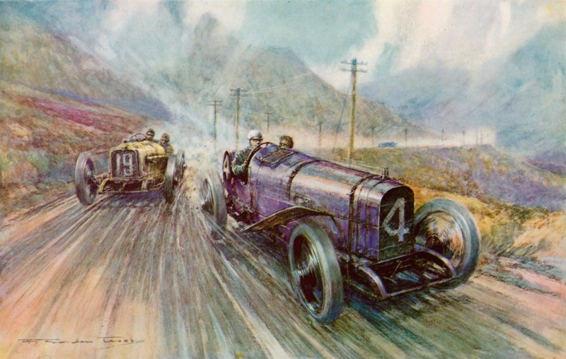 K Lee Guinness med solstrålen i tvådagarsloppet 600 mil Tourist Trophy på Isle of Man, som han vann på 56,44 mph (färg litho) av Frederick Gordon (after) Crosby